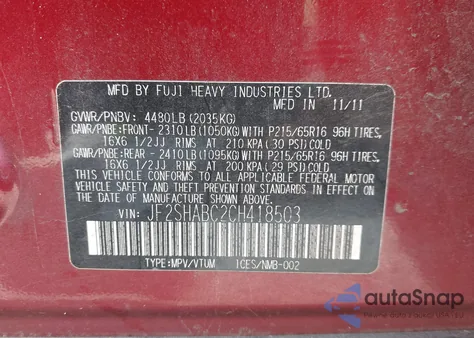 2012 Subaru Forester 2.5X from USA, damaged, VIN JF2SHABC2CH418503